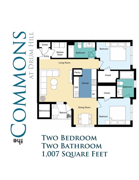 Floor plan for 2 beds, 2 baths, 1007 sqft